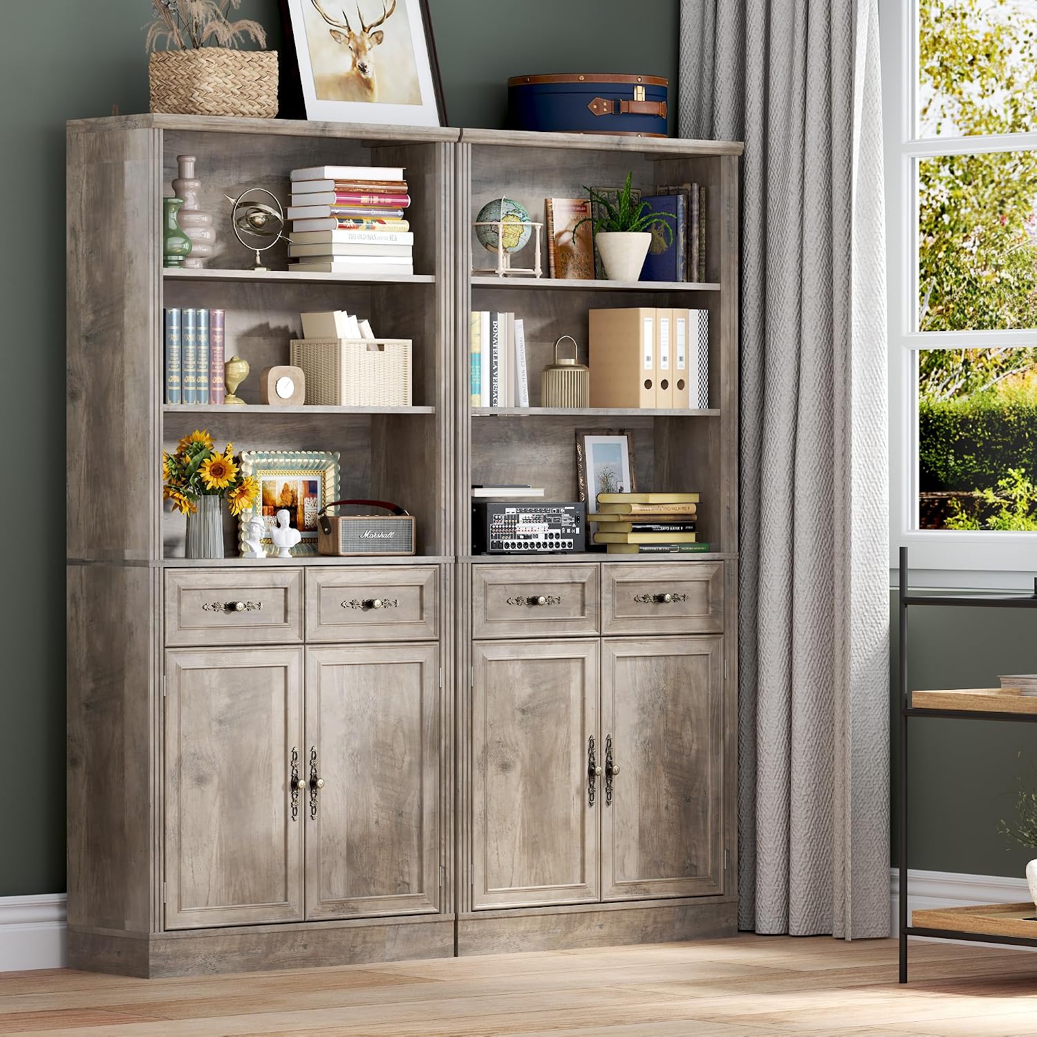 BORNOON 70.1' Tall Bookshelf with Drawers & Cabinet, 5-Tier Floor Standing Bookcase with Storage Doors, Adjustable Shelves & Metal Handles, 31.5' Wide Organizer for Home Office, Living Room