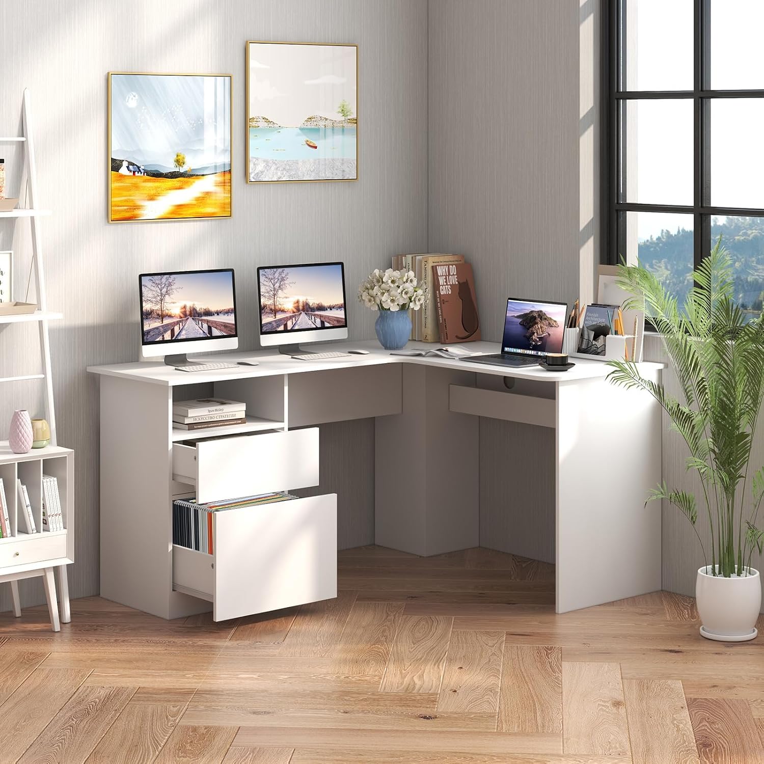 Giantex L Shaped Computer Desk with Drawers, 59' Corner Desk Workstation with Storage Shelf & Cable Holes, Large Executive Office Desk, Modern Study Writing Table for Home Office (White)