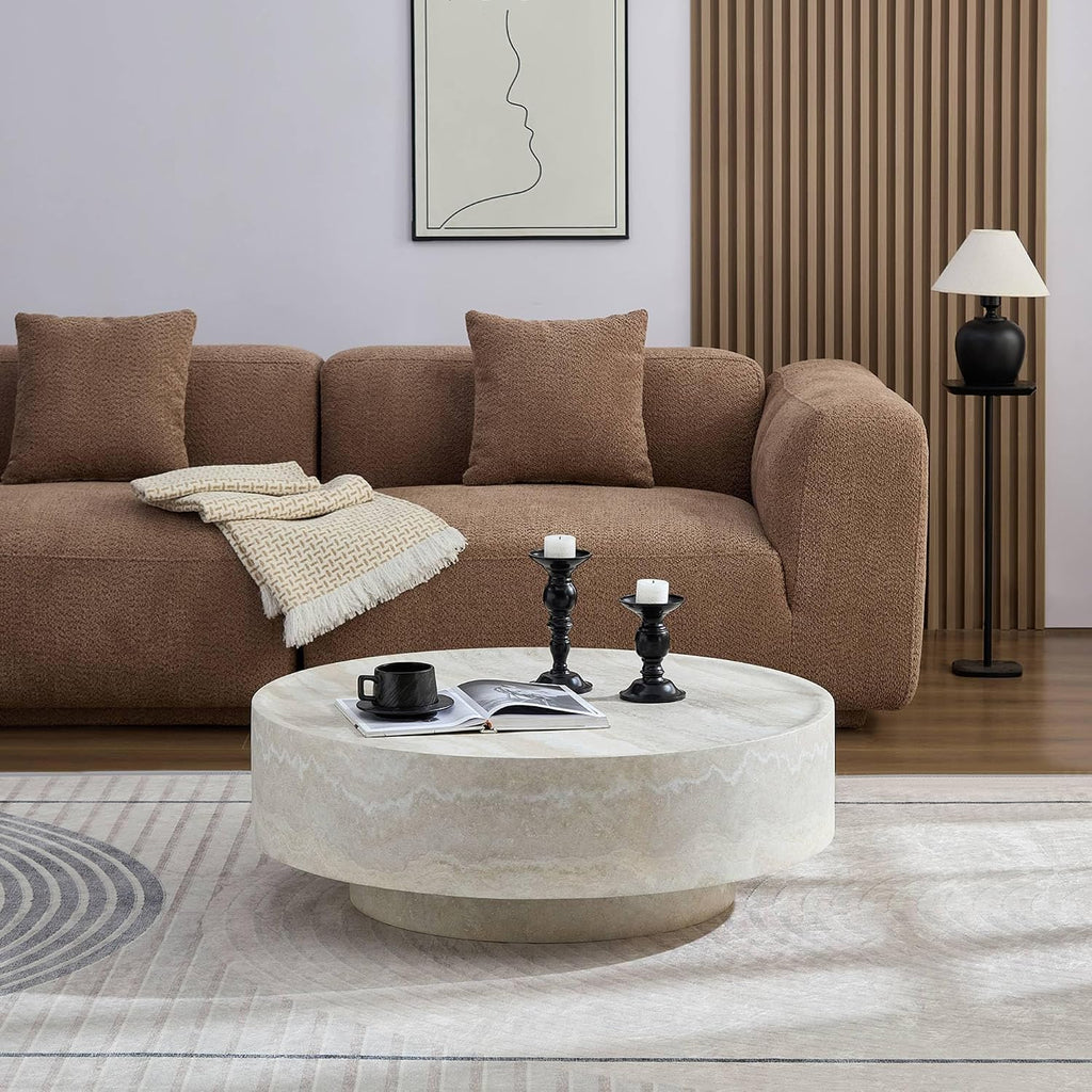 Round Coffee Tables for Living Room, Faux Mars Pattern Pedestal CoffeeTables Mid Century Modern Minimalist Side Tables Travertine Stone Pattern Accent End Table for Apartment, Office Fibgerglass Beige