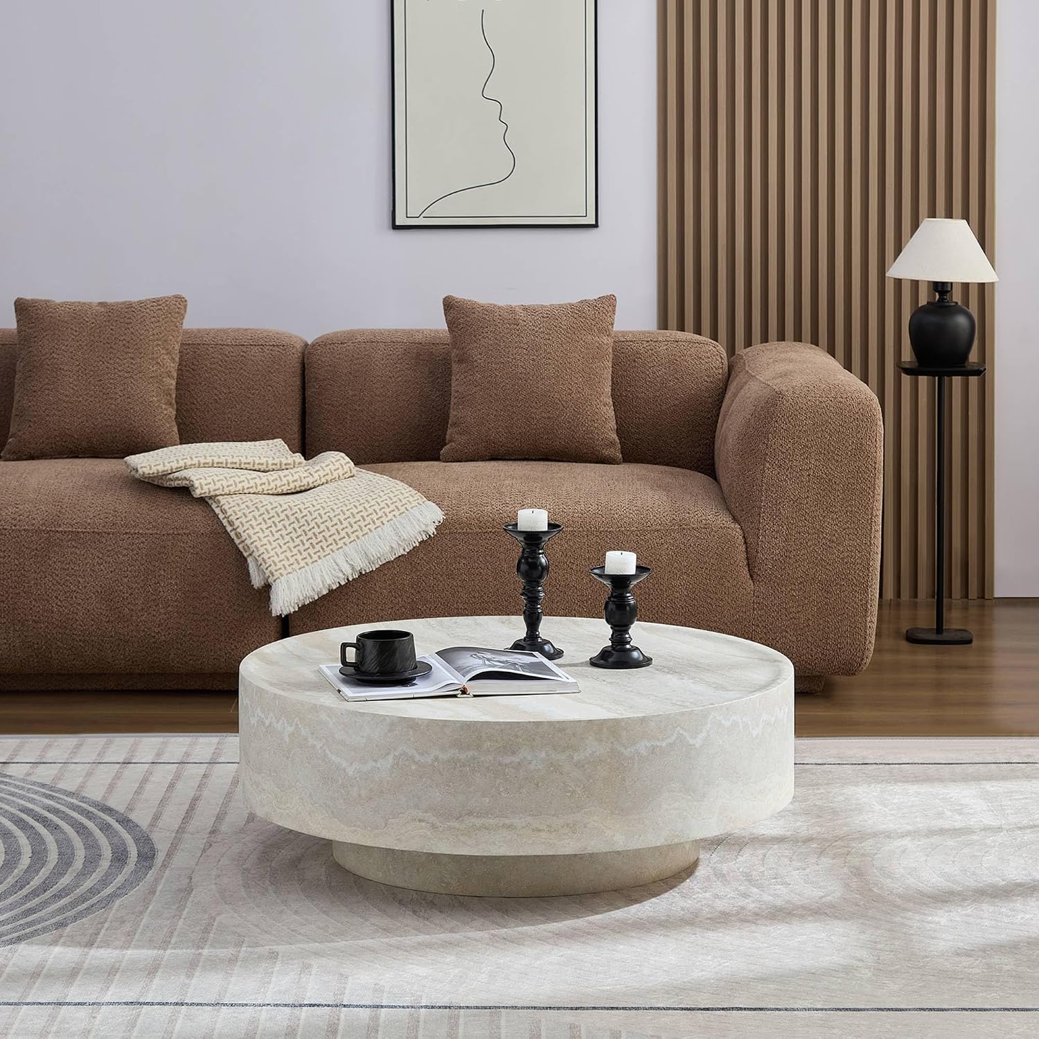 Round Coffee Tables for Living Room, Faux Mars Pattern Pedestal CoffeeTables Mid Century Modern Minimalist Side Tables Travertine Stone Pattern Accent End Table for Apartment, Office Fibgerglass Beige