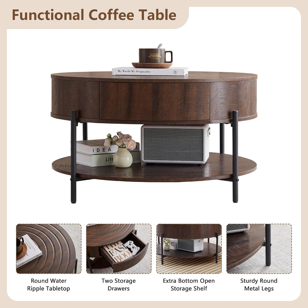 RARZOE 30.5' Round Coffee Table with Storage, Wooden Circle Coffee Table with Drawer, Storage Shelf, Metal Legs，Small Dining Table Accent Center Table for Living Room Home Office Apartment,Dark Brown