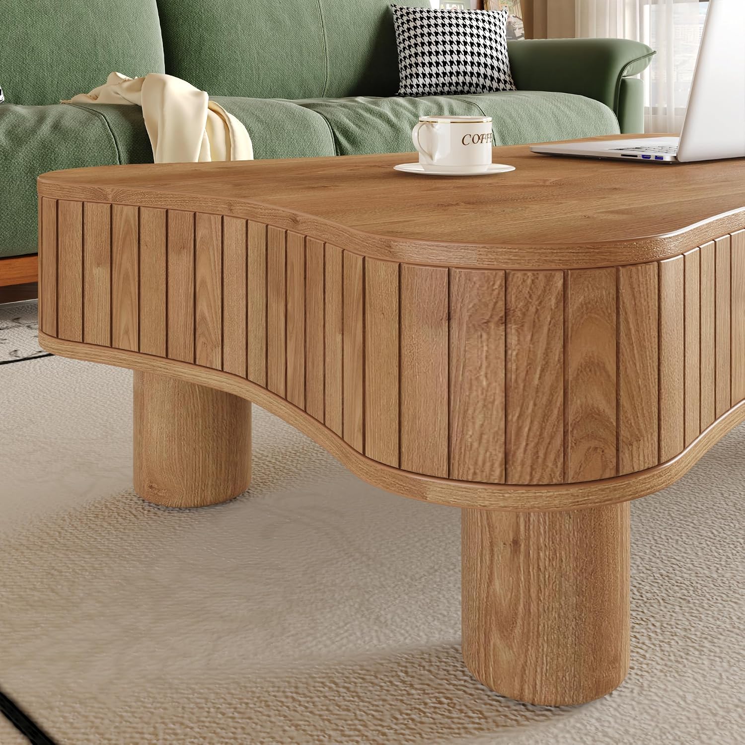 42' Cloud Fluted Lift Top Coffee Table with Hidden & Open Storage, Modern Center Table with Hydraulic Raising Mechanism, Irregular Shape Tea Table with Curved Safety Corners, Light Brown