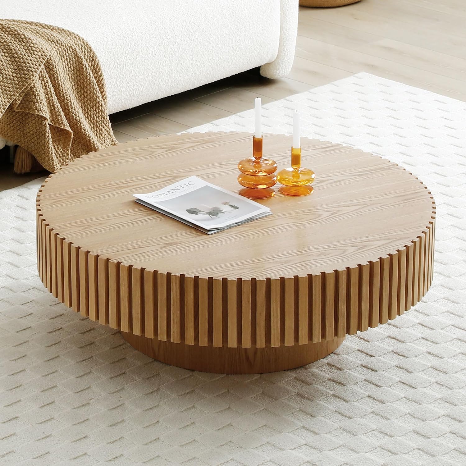 Deolme 39.37'' Round Ash Coffee Table, Mid Century Circle Center Coffee Tables with Sturdy Pedestal, Fluted Drum Accent Side Table for Living Room, Apartment, Farmhouse, Easy Assembly