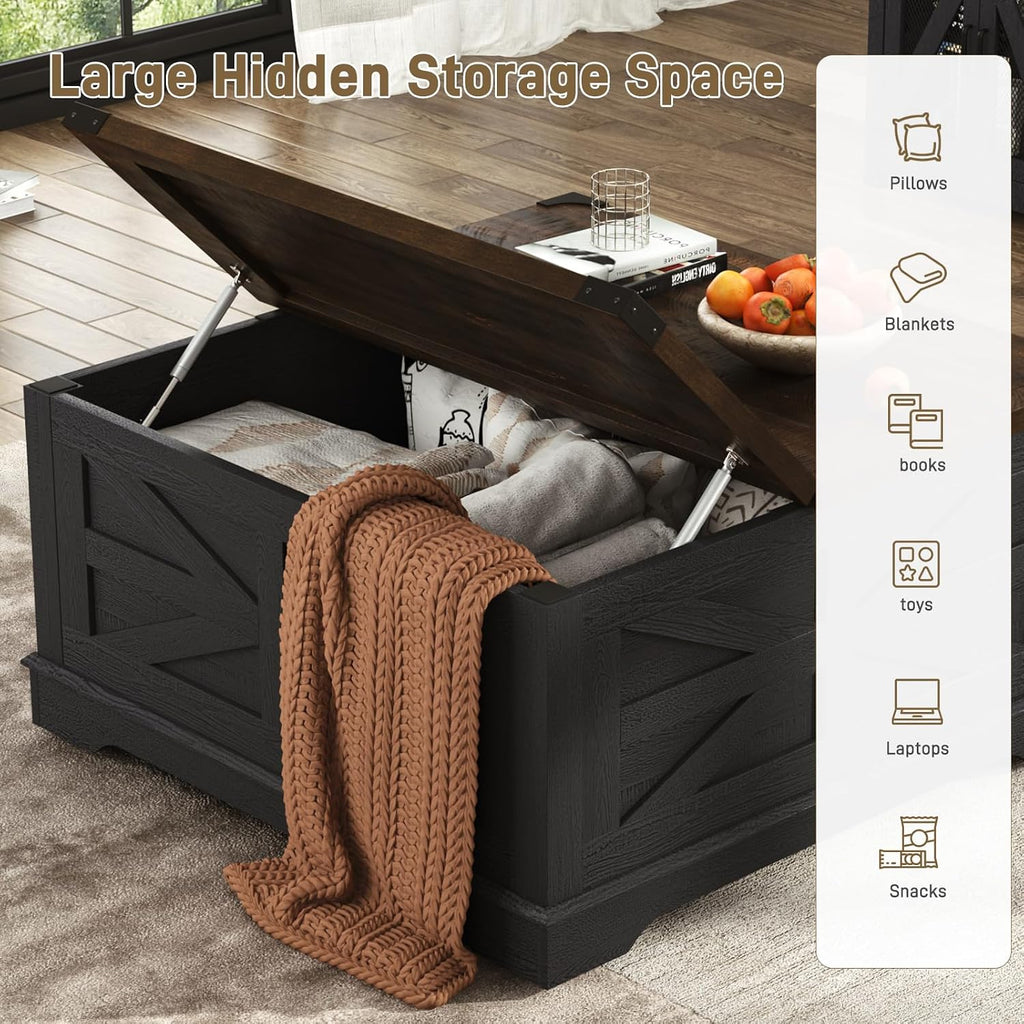 Hlivelood 36' Farmhouse Movable Lift Top Coffee Table with Storage and Power Outlets, Square Wood Living Room Tables with Wheels&Large Hidden Space, Lift Wooden Barn Door Center Table, Black
