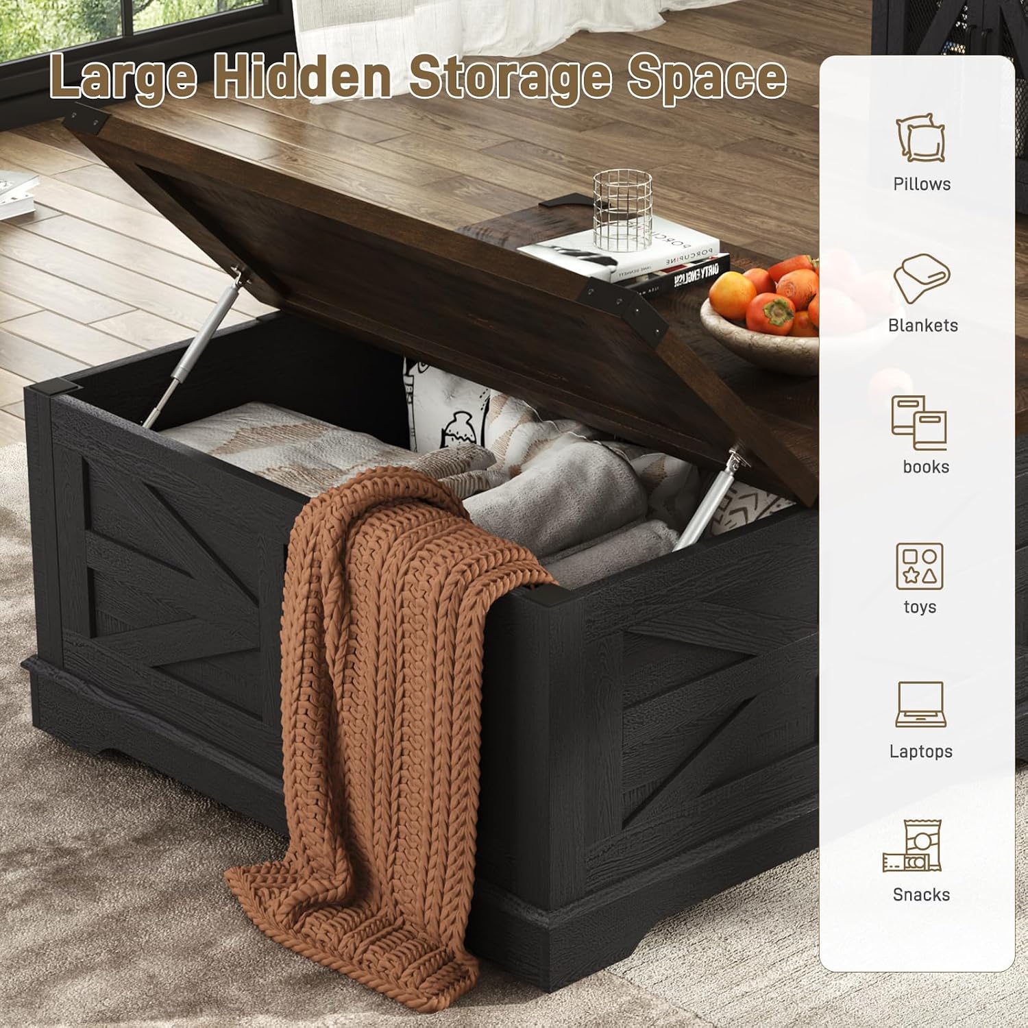 Hlivelood 36' Farmhouse Movable Lift Top Coffee Table with Storage and Power Outlets, Square Wood Living Room Tables with Wheels&Large Hidden Space, Lift Wooden Barn Door Center Table, Black