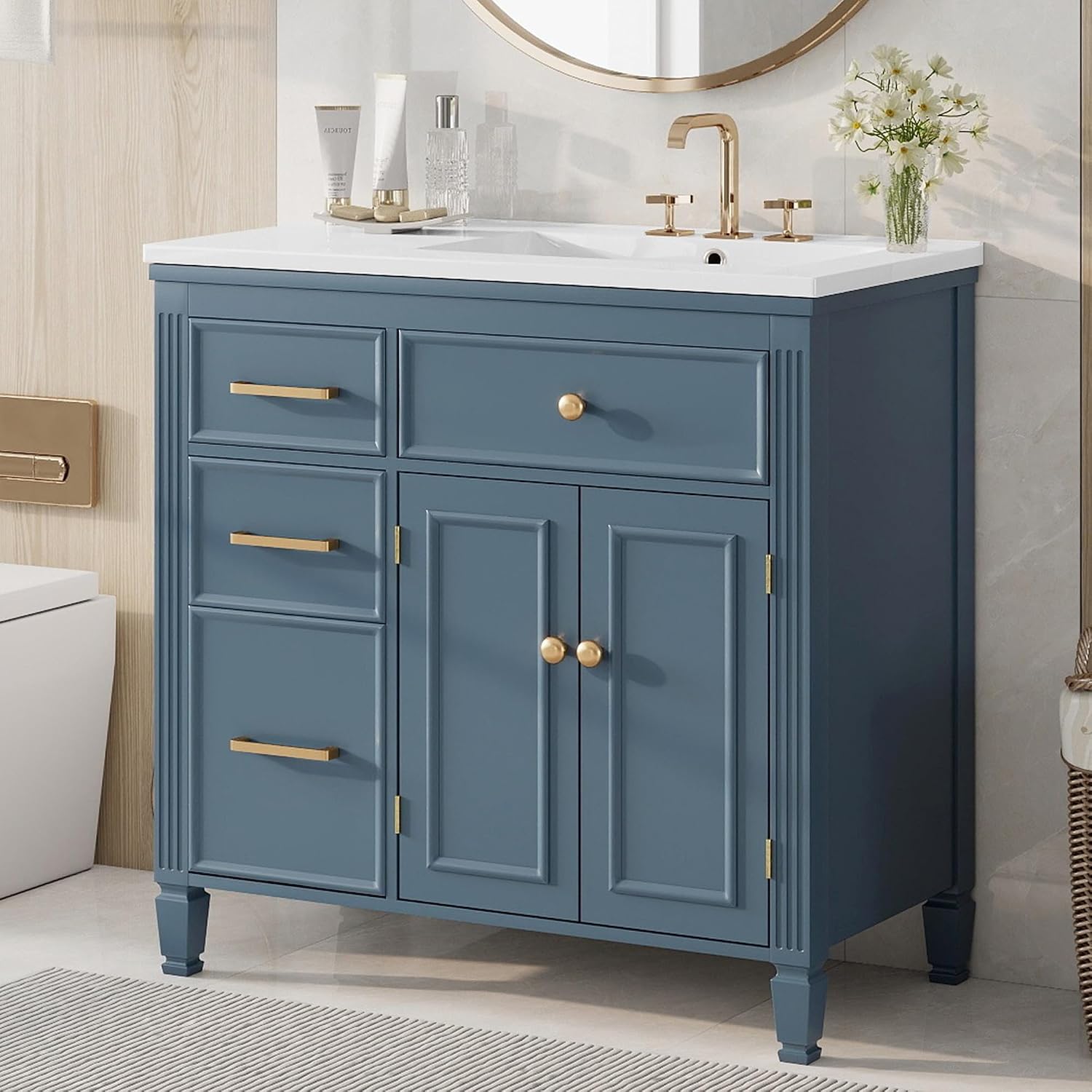 36' Bathroom Vanity with Ceramic Sink Set Combo, Tip-Out Drawer, Storage Cabinet Organizer with 2 Doors and Adjustable Shelf, Gray Blue