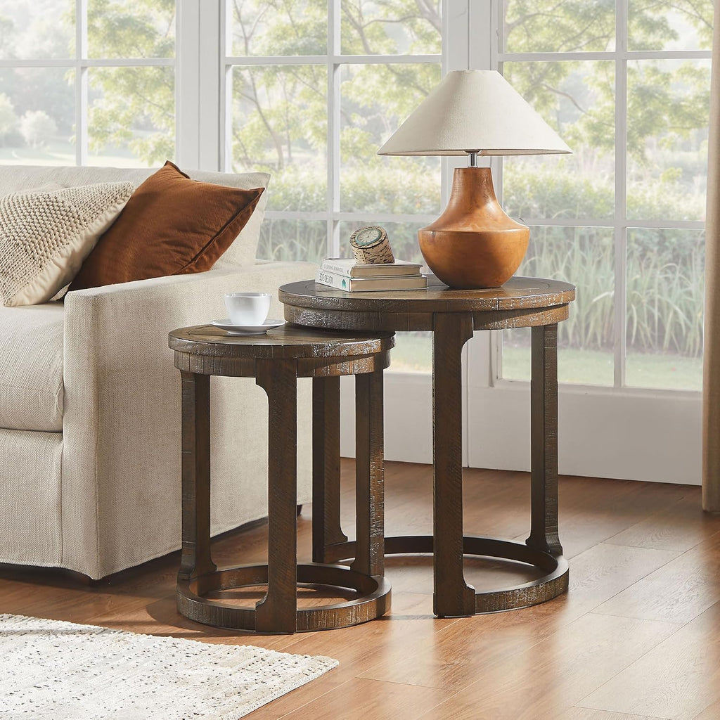 WILLIAMSPACE Round Nesting Coffee Table Set of 3, Mid Century Rustic Farmhouse Solid Wood Coffee Tables Center Table for Living Room Apartment, ø40 + ø24 + ø17.56 (Drak Brown)