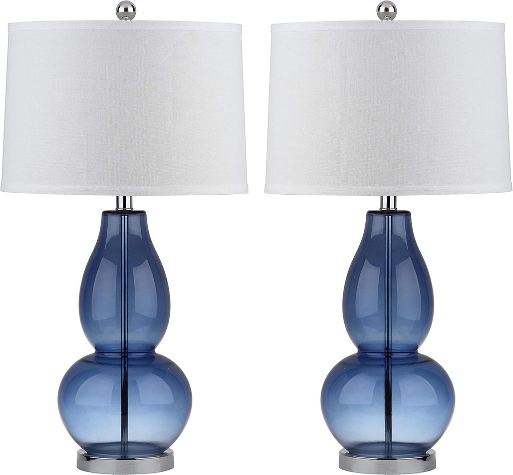 SAFAVIEH Lighting Collection Mercurio Blue Glass Double Gourd 28-inch Table Lamp Set of 2 with USB Charging Port (LED Bulbs Included)