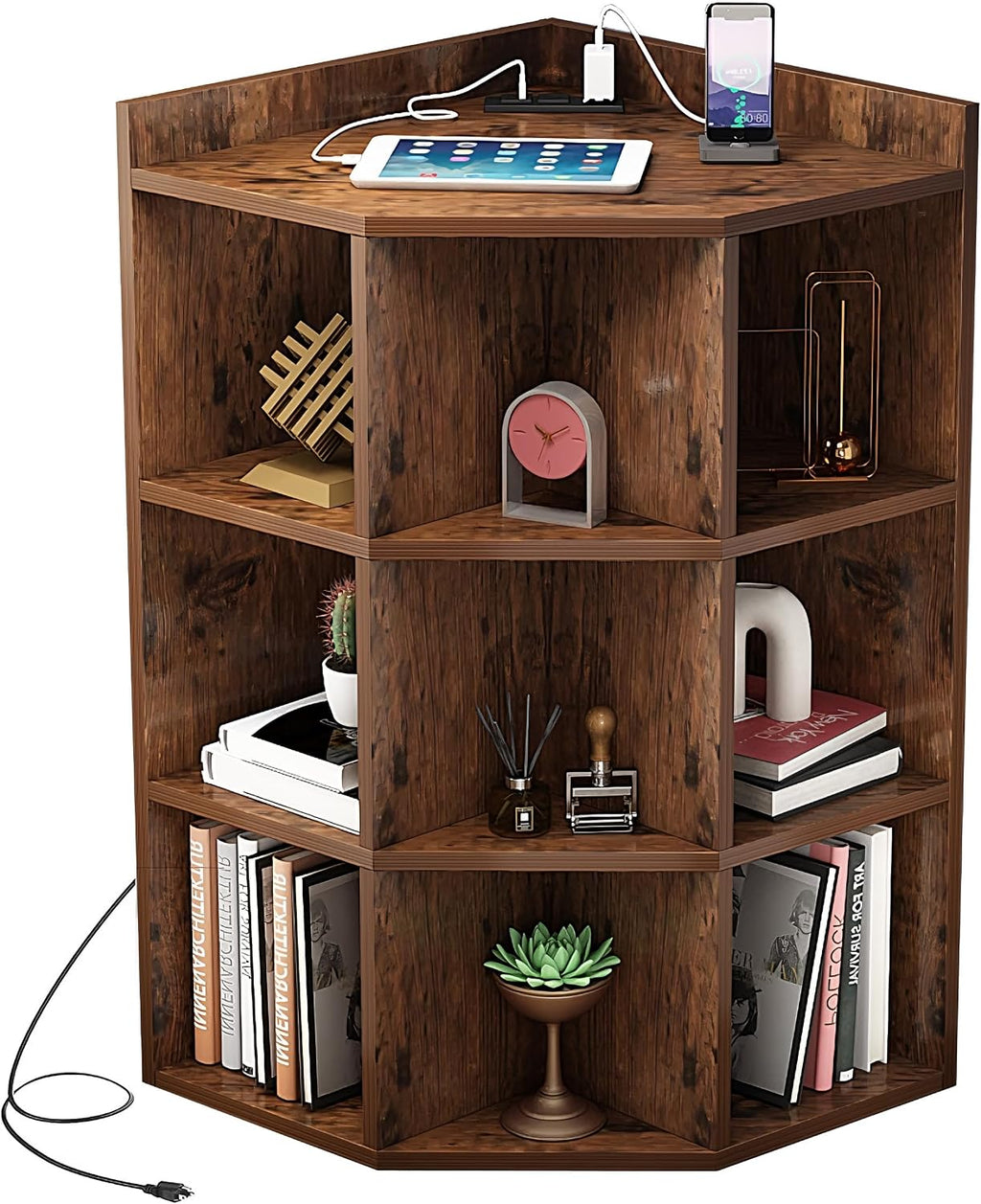 ALISENED 9 Cubes Brown Corner Cabinet, Corners Cube Shelf with USB Ports and Outlets, Toy Corners Storage for Small Space, Wooden Cubby Corner Bookshelf for Living Room, Bedroom, Dining Room, Kitchen
