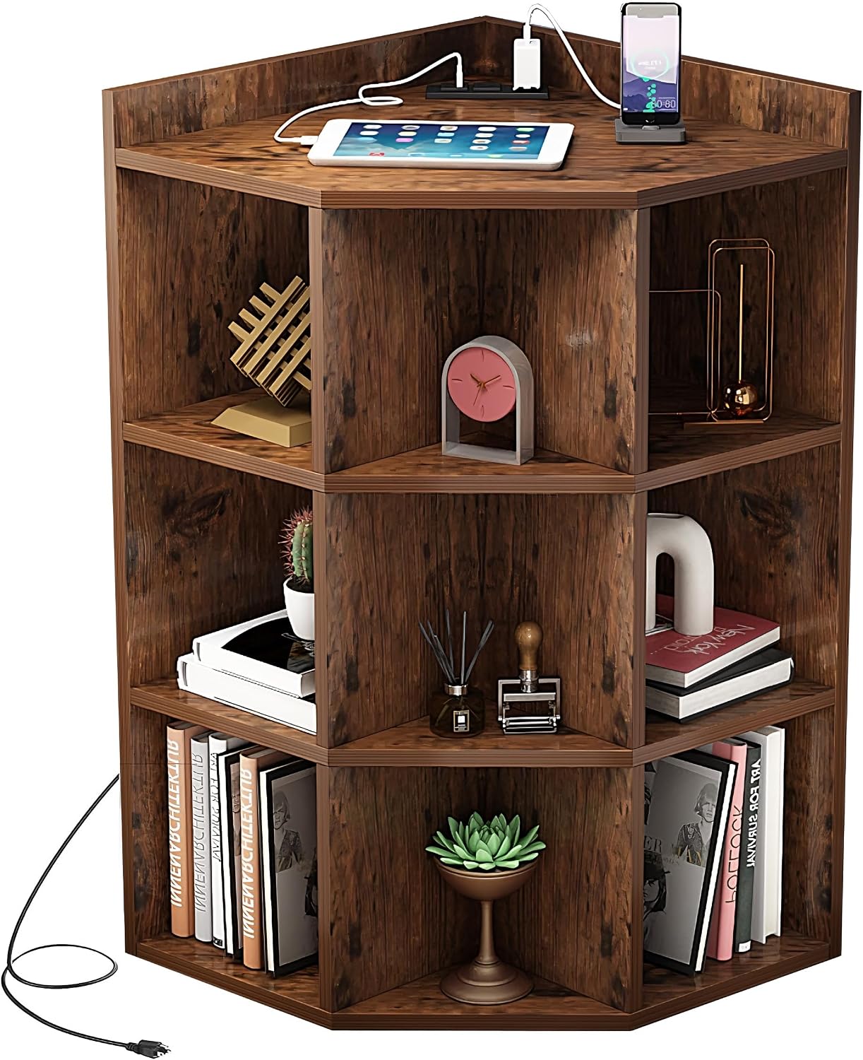 ALISENED 9 Cubes Brown Corner Cabinet, Corners Cube Shelf with USB Ports and Outlets, Toy Corners Storage for Small Space, Wooden Cubby Corner Bookshelf for Living Room, Bedroom, Dining Room, Kitchen