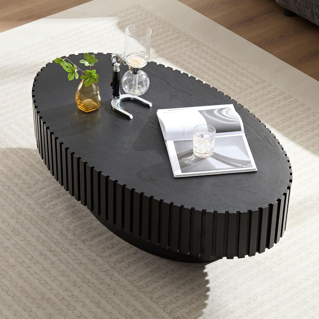 Oval Coffee Table for Living Room Pedestal Fluted Coffee Table Modern Handcrafted Centre Table for Apartment, Easy Assembly 43.7', Black