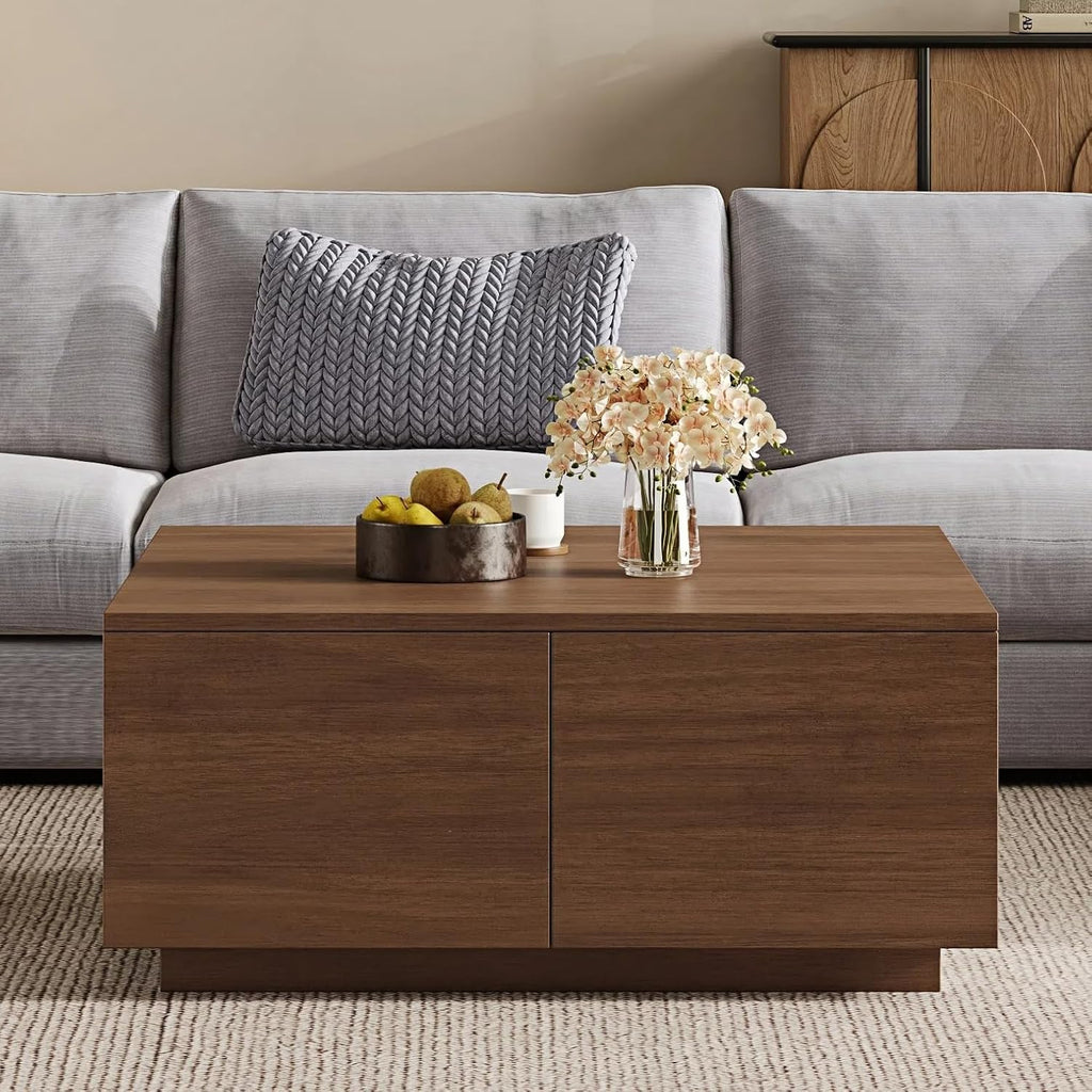 SSLine Square Coffee Table with 4 Storage Drawers,33.2-Inch Walnut Wooden Coffee Table for Living Room Minimalist Cocktail Center Tables for Small Space