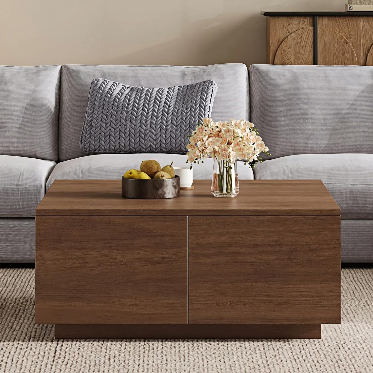 SSLine Square Coffee Table with 4 Storage Drawers,33.2-Inch Walnut Wooden Coffee Table for Living Room Minimalist Cocktail Center Tables for Small Space