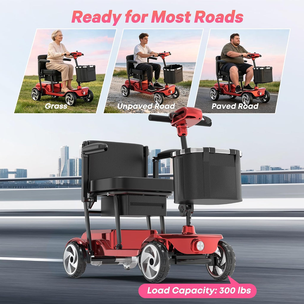 Mobility Scooters, Lightweight Electric Scooters for Seniors&Adults | 49lb Aluminum Frame with Removable Battery, Foldable Motorized Scooters for Trips, Shopping, Daily Use, Race Red, 10 Ah