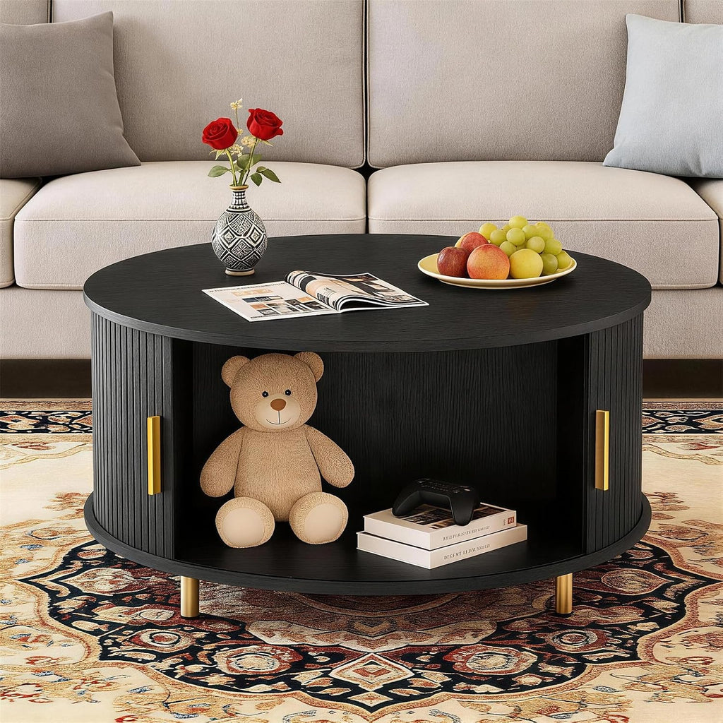 DHH Round Coffee Table, 31.5' Mid Century Modern Coffee Table with 360° Sliding Tambour Door, Fluted Accent Coffee Table with Storage Adjustable Footpads for Living Room, Black
