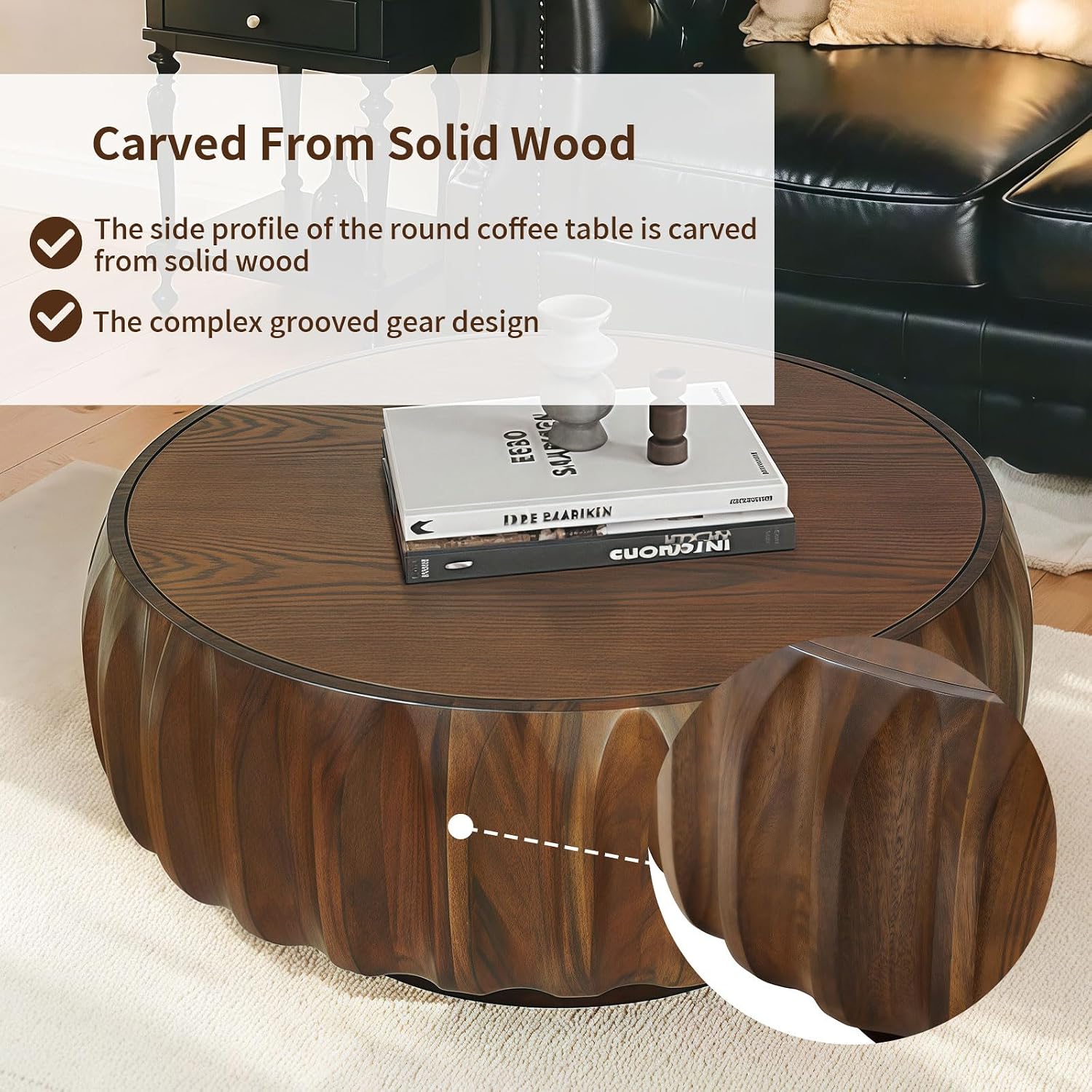31.5'' Walnut Round Wood Coffee Table for Living Room, Modern Contemporary Circle Fluted Drum Pedestal Coffee Table, Natural Wood Grain & Easy Assembly, Walnut