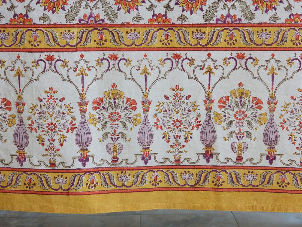 Saffron Marigold Rectangle Hand Block Printed Tablecloth - Orange Blossom Luxurious 100% Cotton, Washable, for Home Decor, Kitchen, Coffee Or Dining Table 70 x 120 Inches