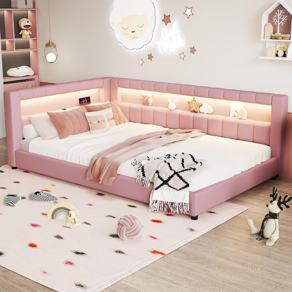 Upholstered Full XL Size Daybed with LED and USB Ports, L-Shaped Corner Day Bed with Storage Shelves Headboard,Space Saving for Girls Adults Kids Boys, Pink