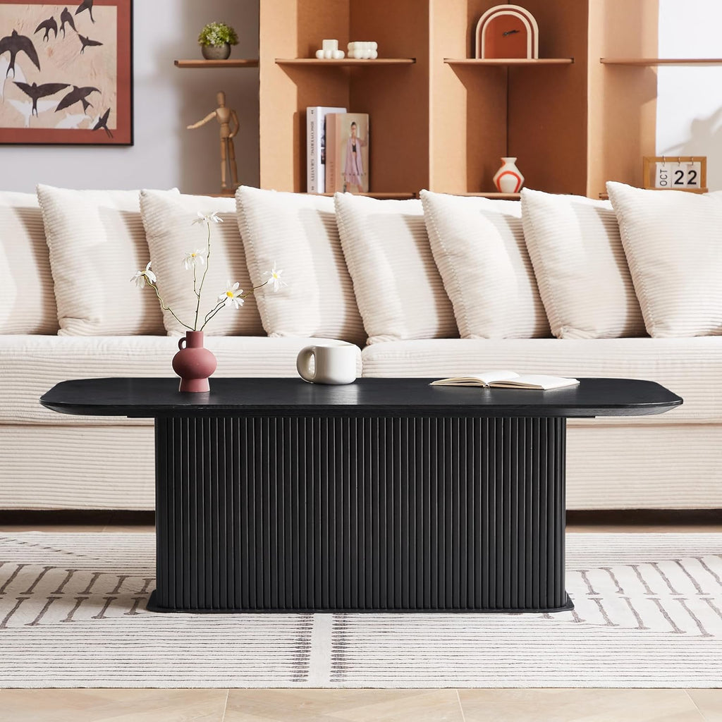 Coffee Table, Modern Wooden Coffee Table Rectangle Center Table with Solid Wood Veneered, Black