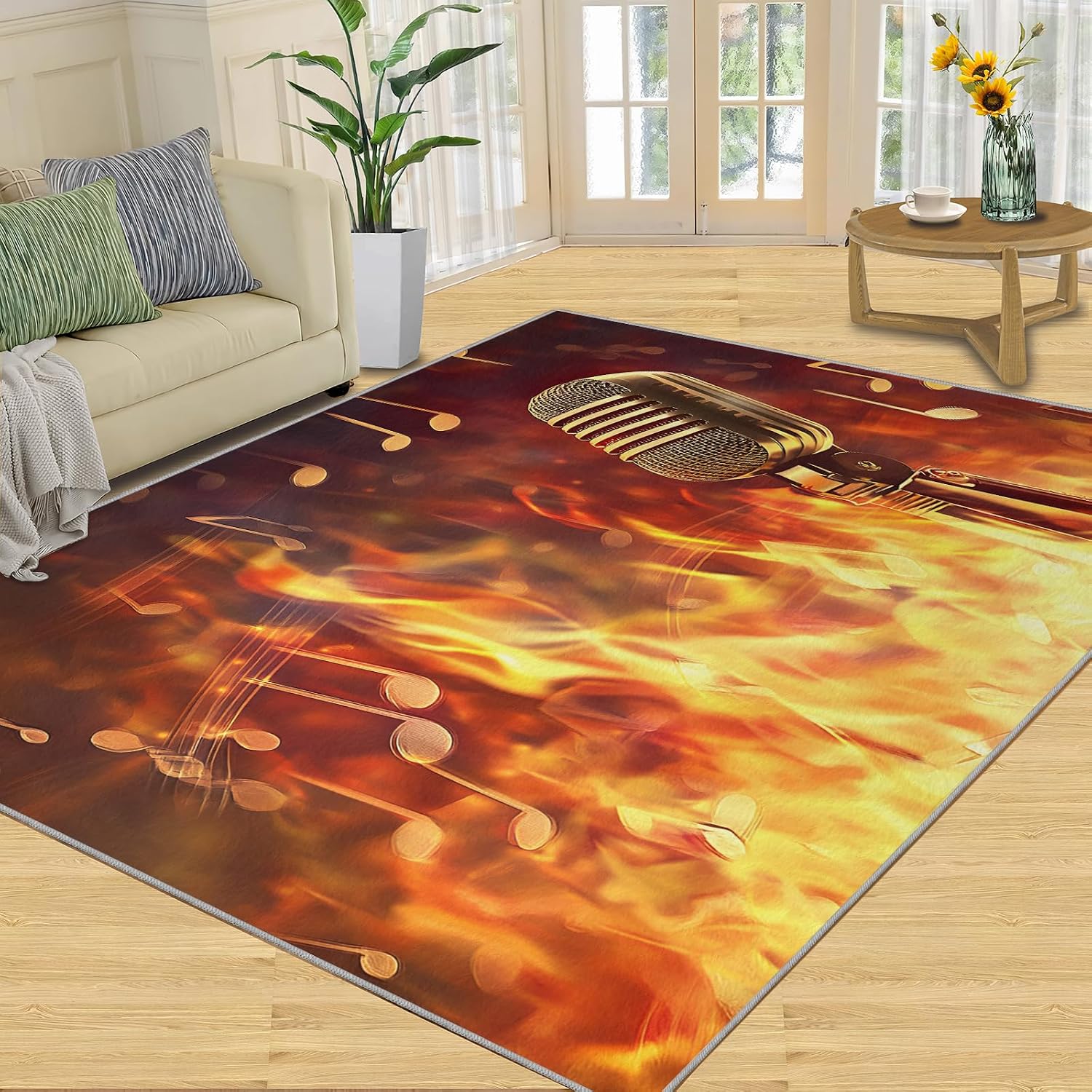 Microphone Rug Large - 5x7 Rug, Flame Area Rugs for Living Room, Passion Music Washable Carpet for Bedroom, Musical Note Rugs, Boys Room Carpet - Microphone Home Decor & Gift
