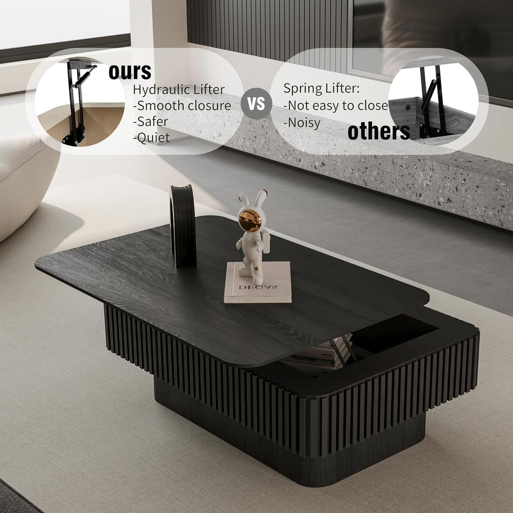 38.6'' Lift-top Coffee Table Solid Wood Veneered Center Table Rectangular Fluted Table with Storage and Adjustable Height for Living Room Apartment Office, Black