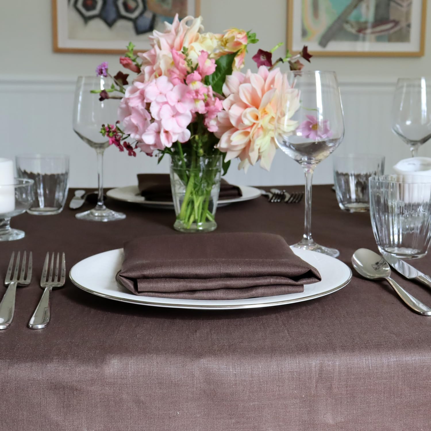 Huddleson Chocolate Brown Linen Tablecloth 66x126 Luxury Italian Linen Rectangle Rectangular Table Cloth Sewn in US