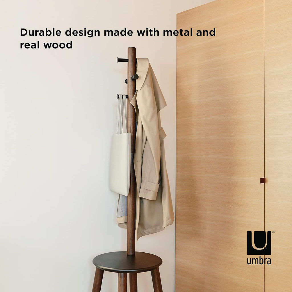 Umbra Pillar Coat Rack, Stool, Clothing Organizer, Umbrella Holder and Hat Organizer, Great for Entryway, Black/Walnut