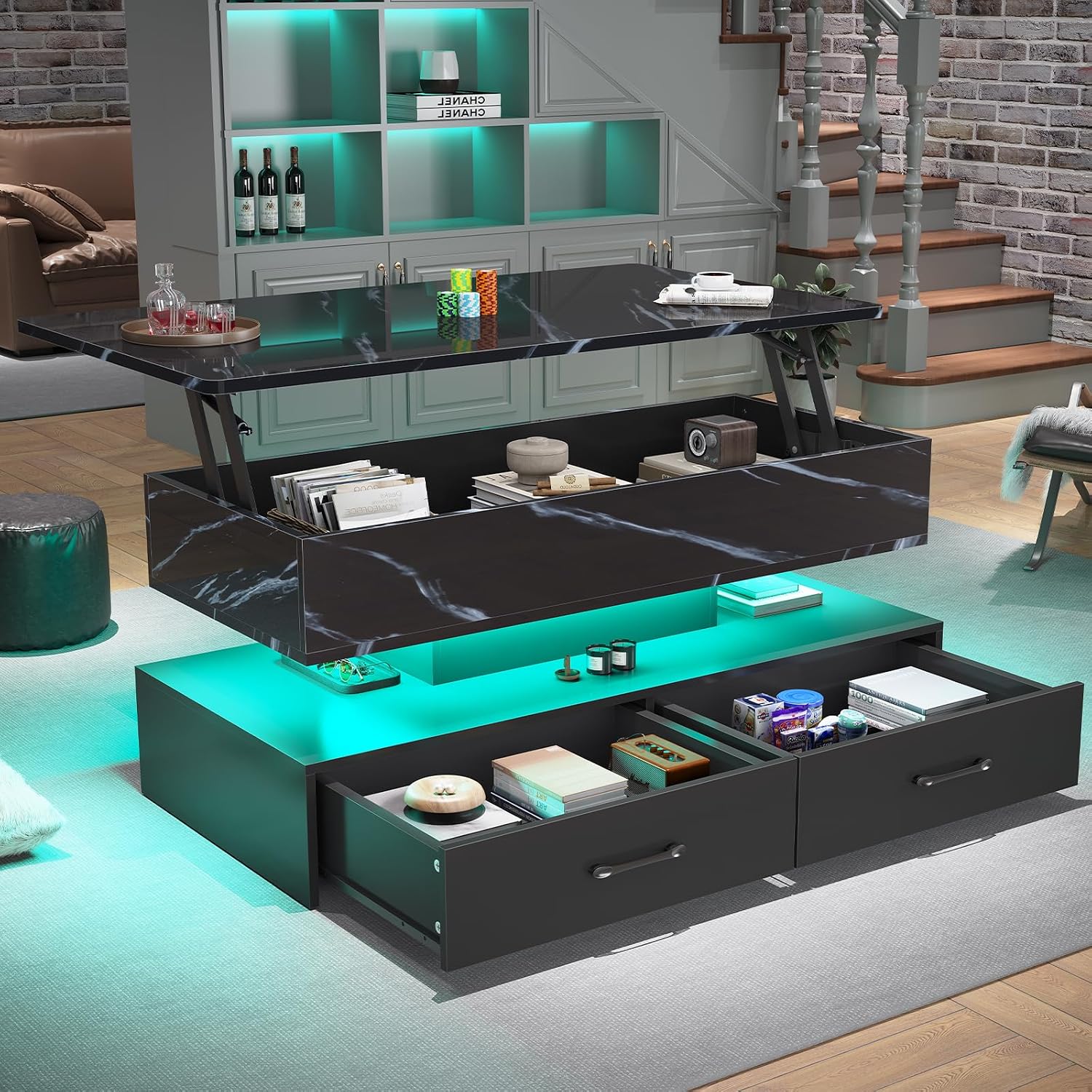 SEDETA 40' Lift Top Coffee Table, Coffee Tables with Storage for Living Room, Small Coffee Table with 2 Drawers & LED Light for Dining Reception Room, Black Marble