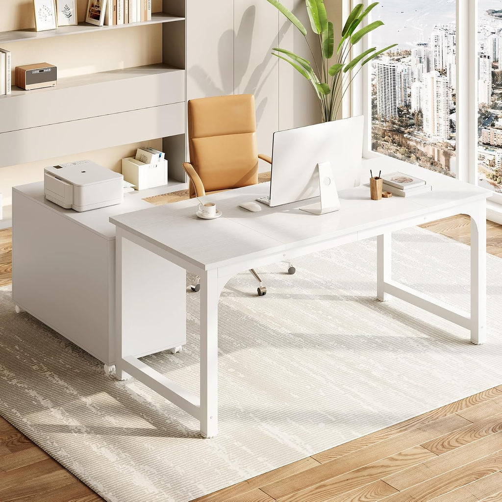 Little Tree 63-Inch L-Shaped Office Desk, Wooden Office Desk with Drawers, Large Home Office with Storage Shelf, Corner Computer Desk for Home Office, Bedroom, White