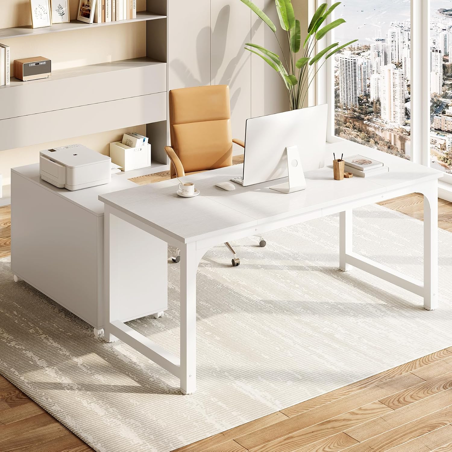 Little Tree 63-Inch L-Shaped Office Desk, Wooden Office Desk with Drawers, Large Home Office with Storage Shelf, Corner Computer Desk for Home Office, Bedroom, White
