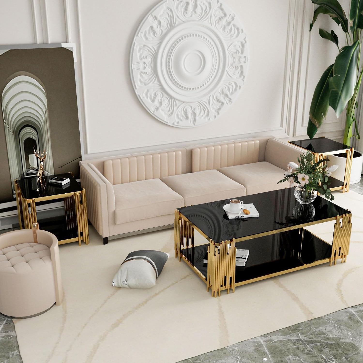 51' Black Glass Coffee Table Set of 3, Modern Luxury Gold End Table for Living Room Rectangle Tempered Glass Top Stainless Steel Leg, 20' Square Side Tables, Extra Large Size