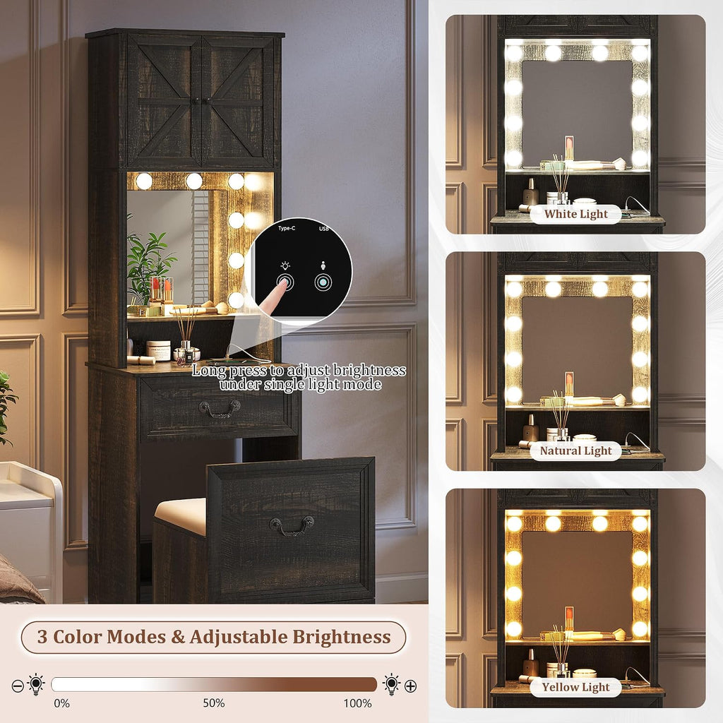 Compact Vanity with Hidden Chair, Makeup Vanity Desk with Mirror and Lights, Farmhouse Vanity Table with Storage Drawers for Bedroom, Dressing Table Gift for Girls Lady
