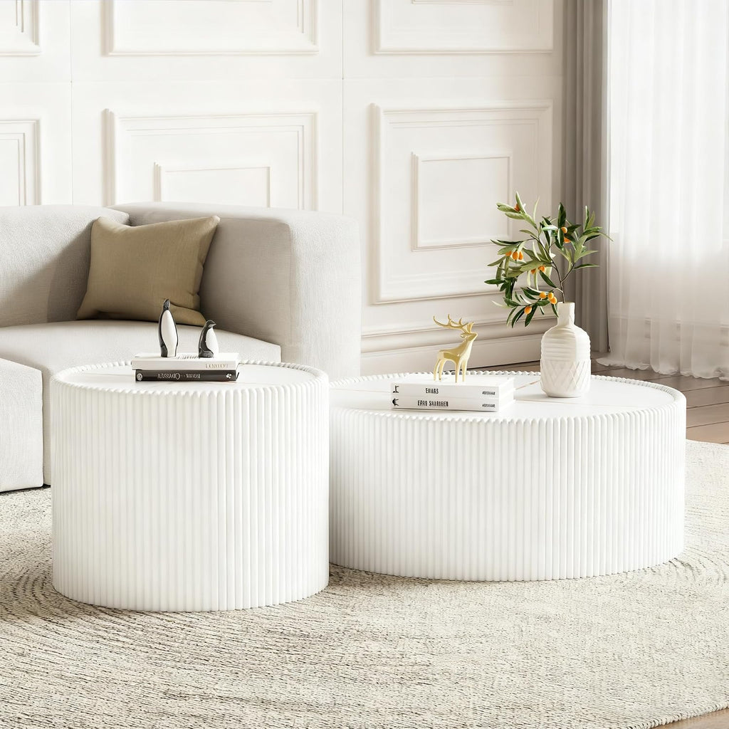 Round Coffee Table Set with Sintered Stone Tabletop, 29.52' White Drum Center Table and 17.71' White Coffee Table Set, 2 Pieces Living Room Table Set with Fluted PU Leather Cover& Stable Base