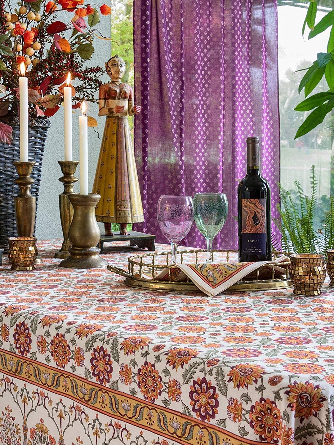 Saffron Marigold Rectangle Hand Block Printed Tablecloth - Orange Blossom Luxurious 100% Cotton, Washable, for Home Decor, Kitchen, Coffee Or Dining Table 70 x 90 Inches