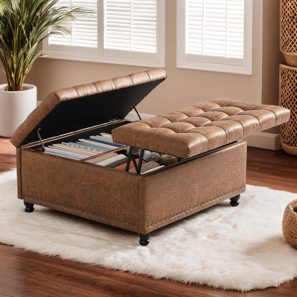 Grepatio Square Tufted Ottoman with Storage - 35.5' Large Lift-Top Storage Ottomans Upholstered Coffee Table for Living Room Bedroom (Brown)