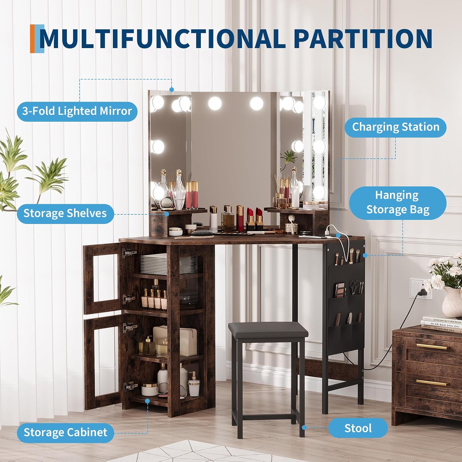 Corner Makeup Vanity Desk with Mirror Lights, Dimmable LED Vanity & USB Charging Station, Storage Cabinet & Stool, Adjustable Shelf, Bedroom Vanity for Women Girls, Wood