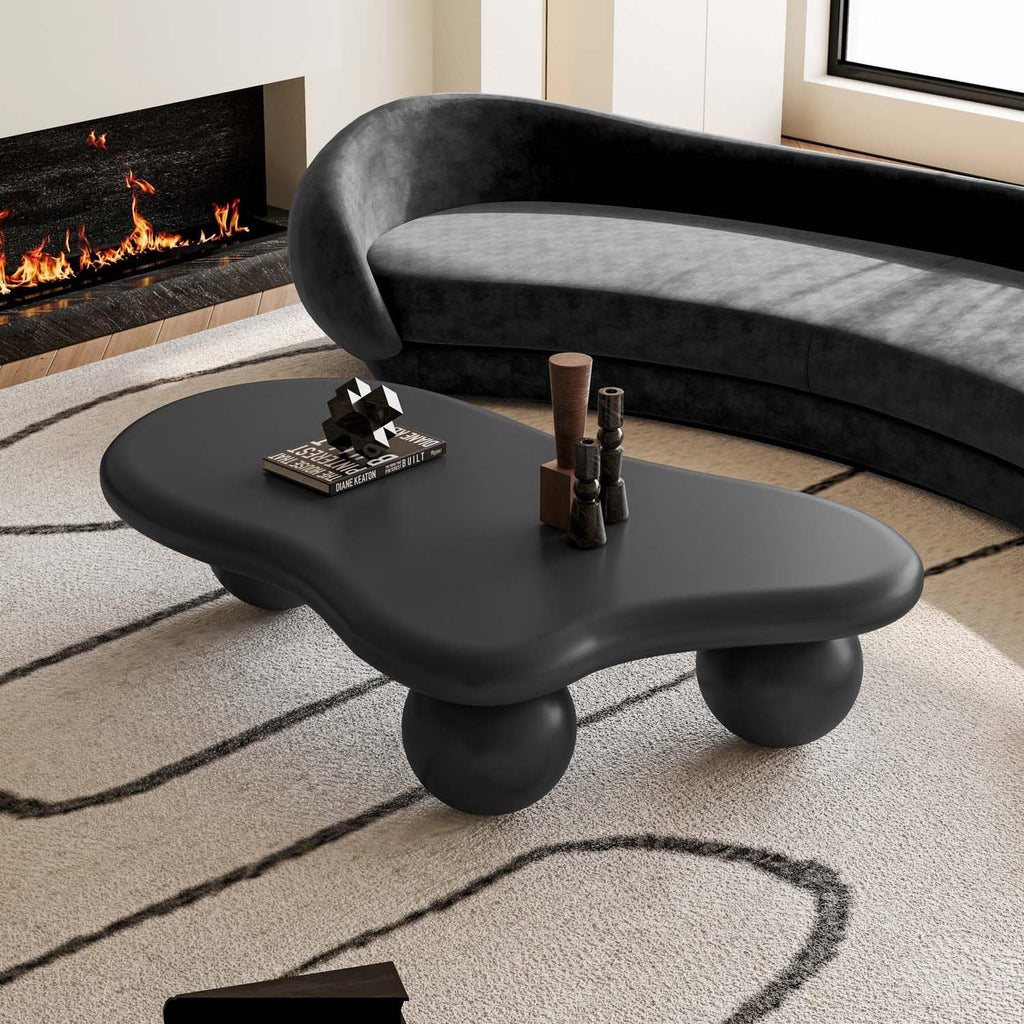 47' Modern Black Coffee Table Cloud Shape Low Center Table Cute Irregular Indoor Tea Table with 3 Ball Legs for Living Room Small Space
