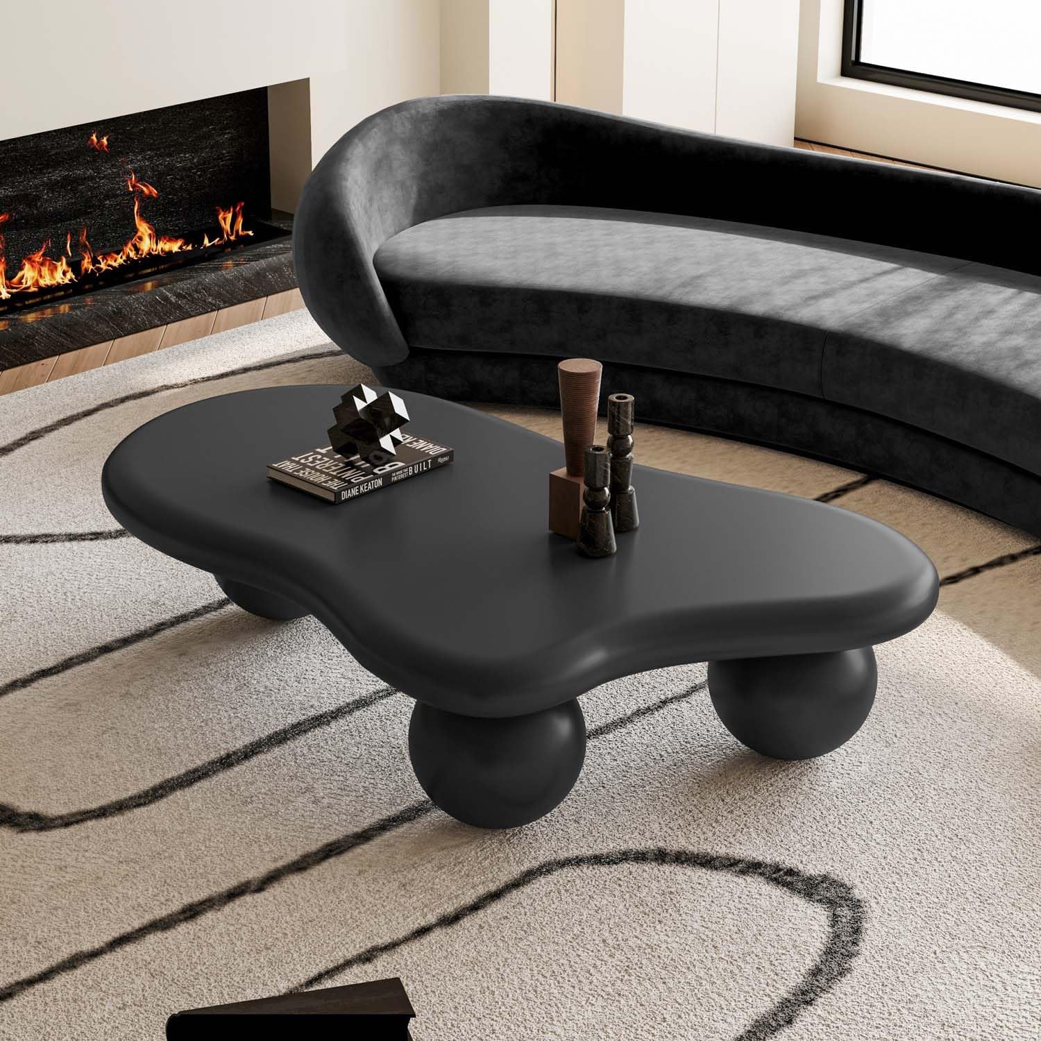 47' Modern Black Coffee Table Cloud Shape Low Center Table Cute Irregular Indoor Tea Table with 3 Ball Legs for Living Room Small Space
