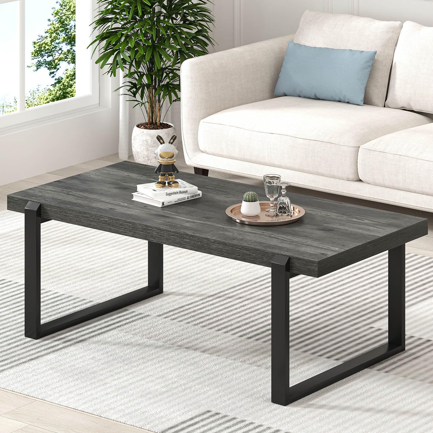 EXCEFUR Modern Coffee Table, Rustic Wood and Metal Center Table, Rectangle Cocktail Tea Table for Living Room, Grey, 44 Inch