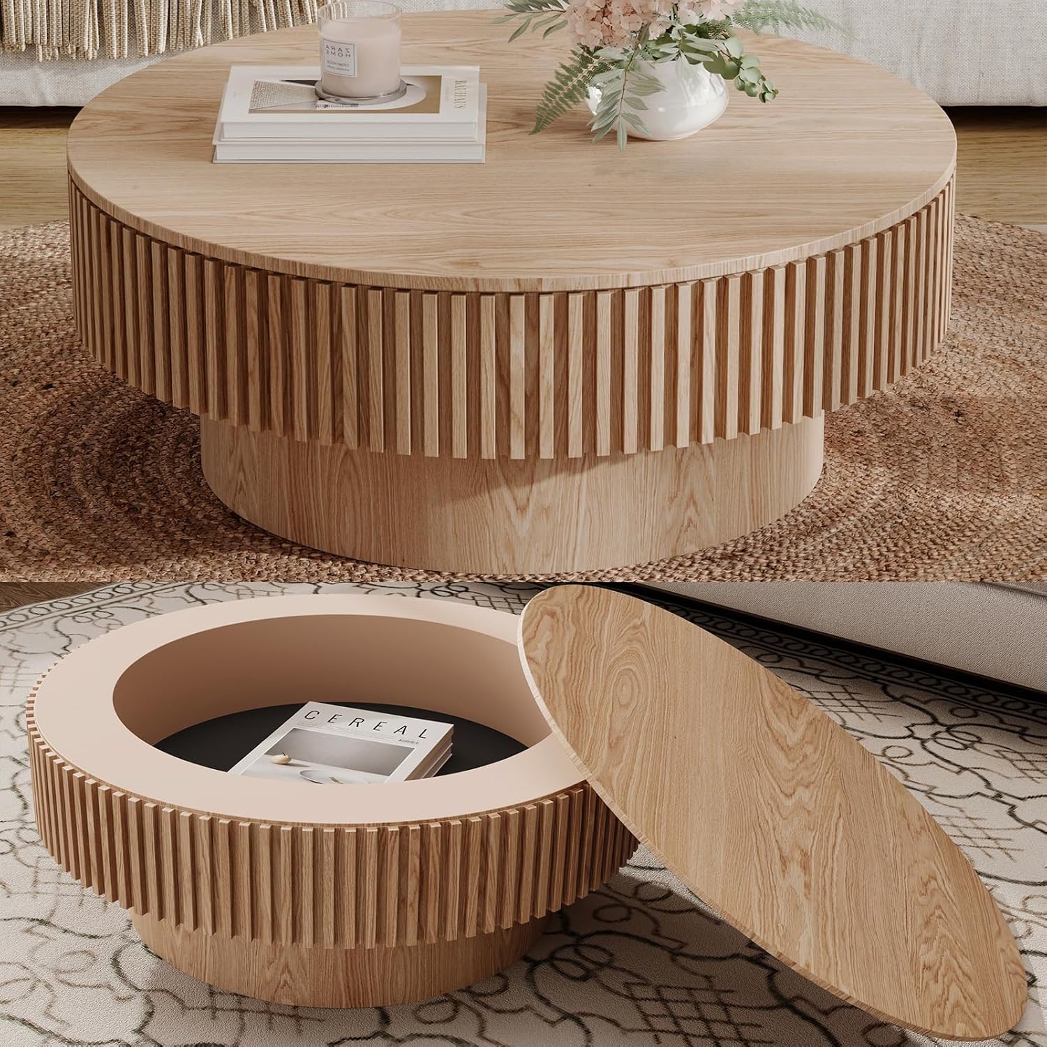 JUSTONE 31.5' Round Coffee Table,Farmhouse Wood Coffee Table with Storage for LivingRoom,Apartment,Office,Natural