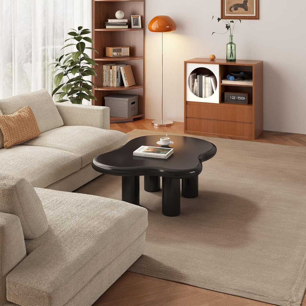 35.43' Cloud Shape Coffee Table, Modern Round Edge Black Coffee Table with 4 Sturdy Support Legs and 2.28' Thick Tabletop for Living Room, Bedroom