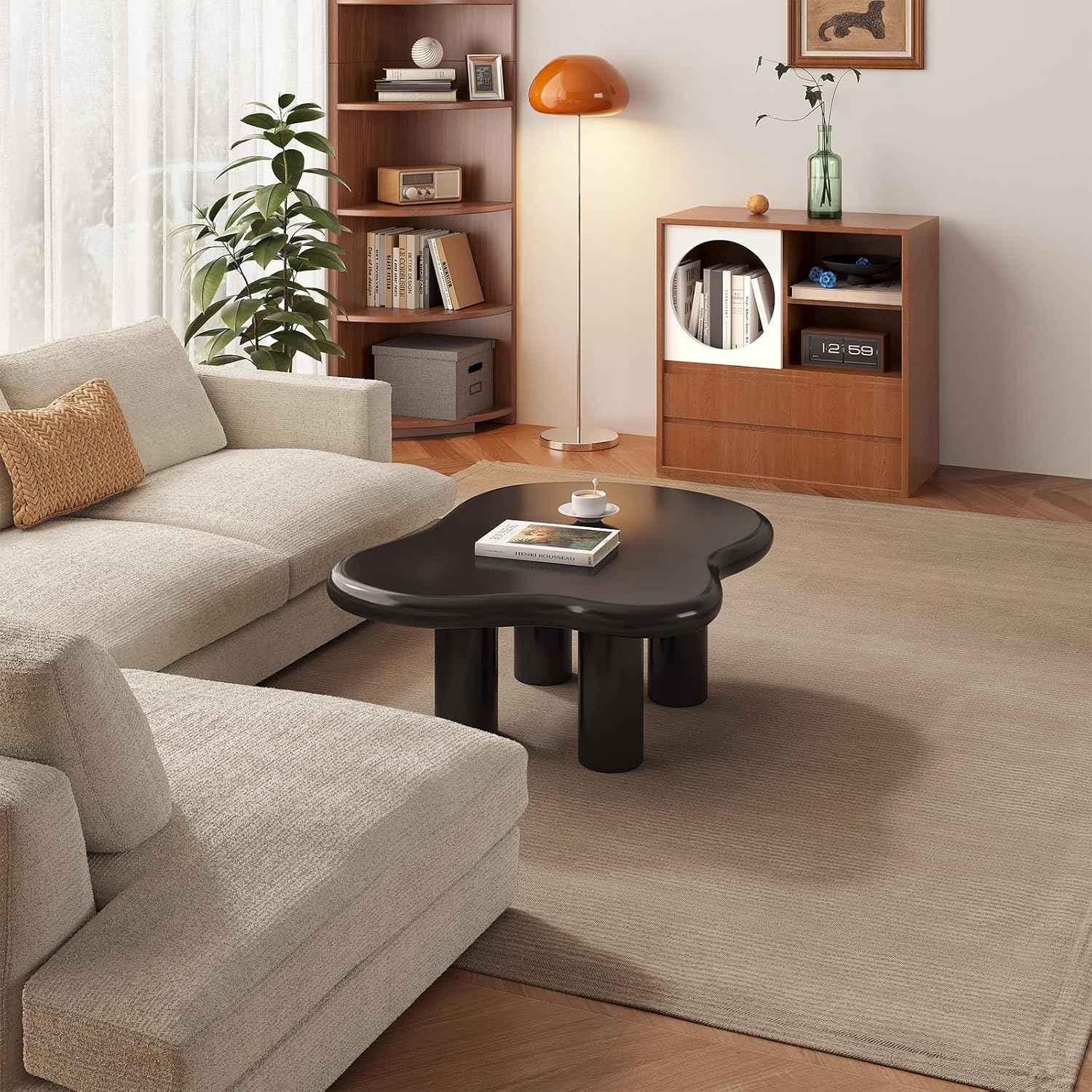 35.43' Cloud Shape Coffee Table, Modern Round Edge Black Coffee Table with 4 Sturdy Support Legs and 2.28' Thick Tabletop for Living Room, Bedroom