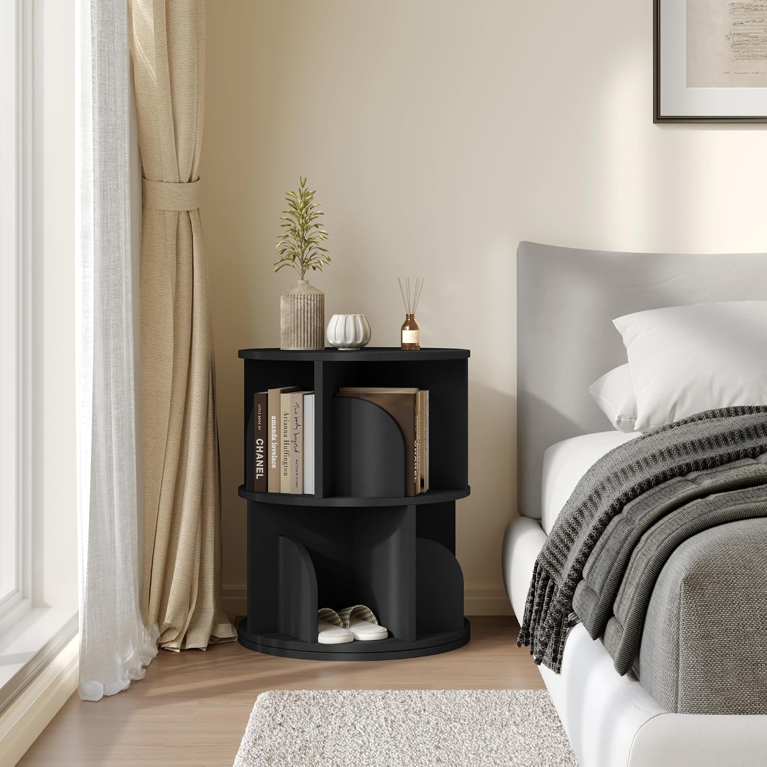 YOWOS Rotating Bookshelf, Small Corner Bookshelf for Small Space, 360 Display Floor Standing Bookcase Storage Rack, Wood Narrow Book Shelf Organizer for Bedroom, Living Room (Black, 2 Tiers)