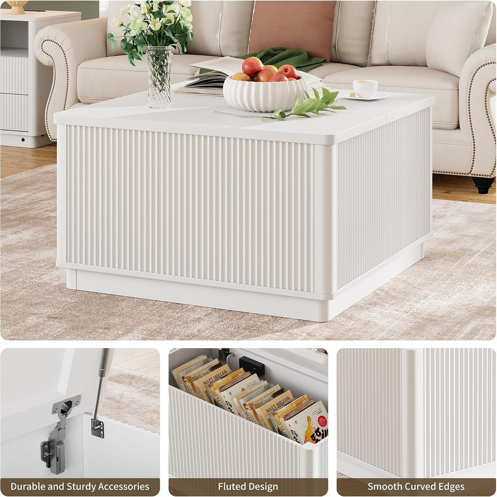 Modern Lift Top Coffee Table with Storage, Square Coffee Tables with LED Lighting and Power Outlet, Wooden Square Center Table for Living Room, Home Office, White