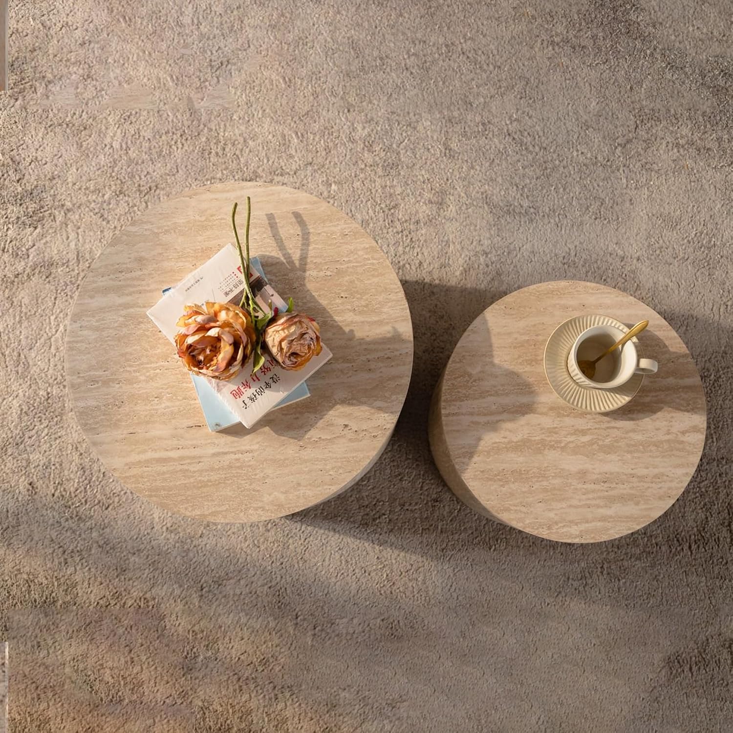 GDFStudio Round Nesting Coffee Table Set of 2, Modern Wooden Accent Side Table, Space Saving Small Circular Tea Coffee Tables and End Tables Sets for Living Room Small Space, No Assembly, Amber