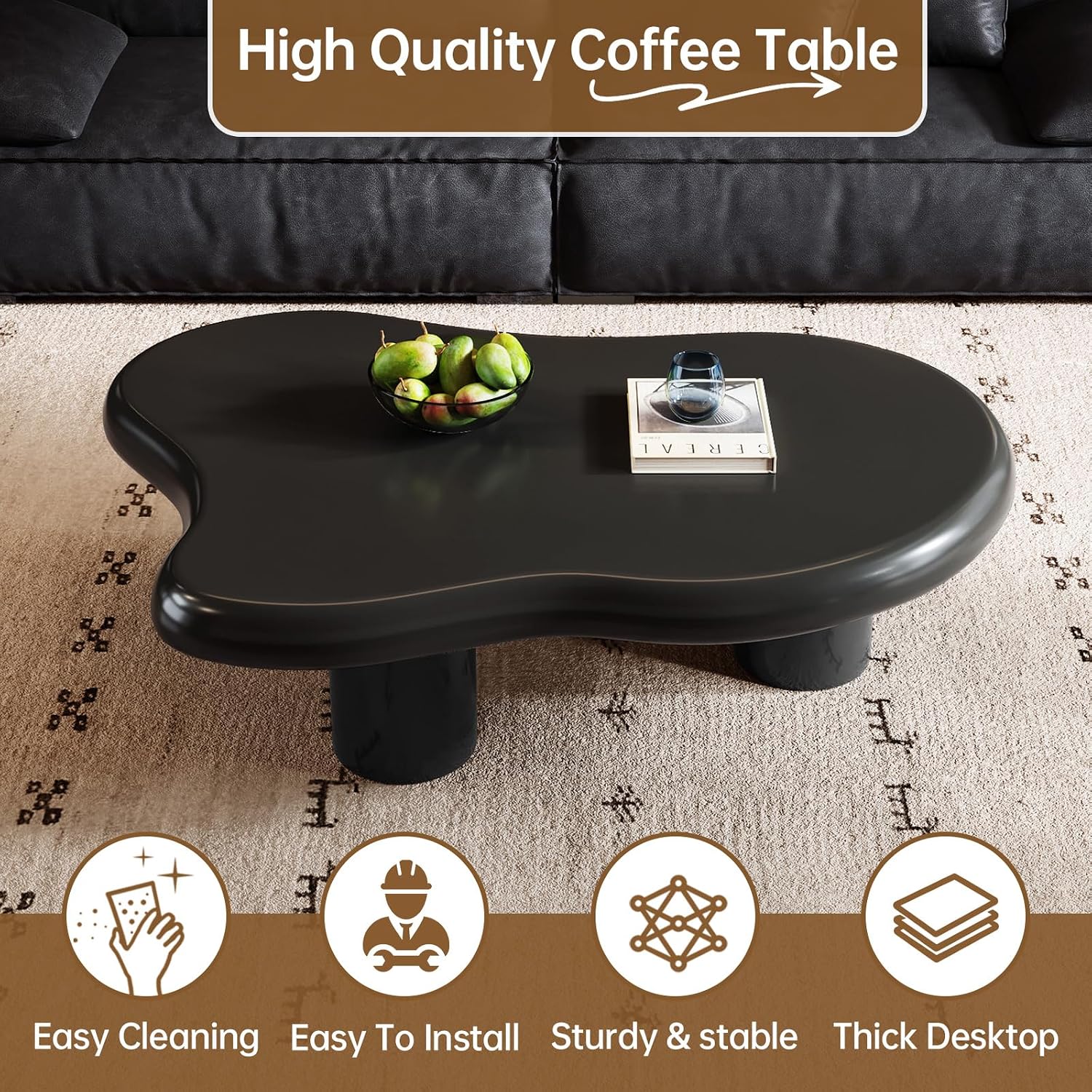 46.06' Cloud Shape Coffee Table, Modern Round Edge Black Coffee Table with 3 Sturdy Support Legs and 3.14' Thick Tabletop for Living Room, Bedroom