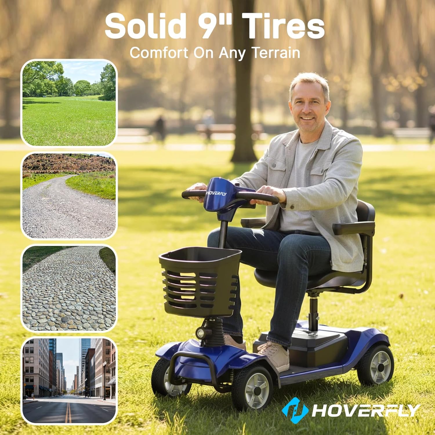Hoverfly T4 Mobility Scooter for Seniors, Max 12.4-Mile Range & 3.7 mph, 3-Position Seat & Anti-slip Rear Wheel, Removed Battery&Quick Fold Design, Solid 9' Tire&330 lb Capacity, Ease of Assembly Blue