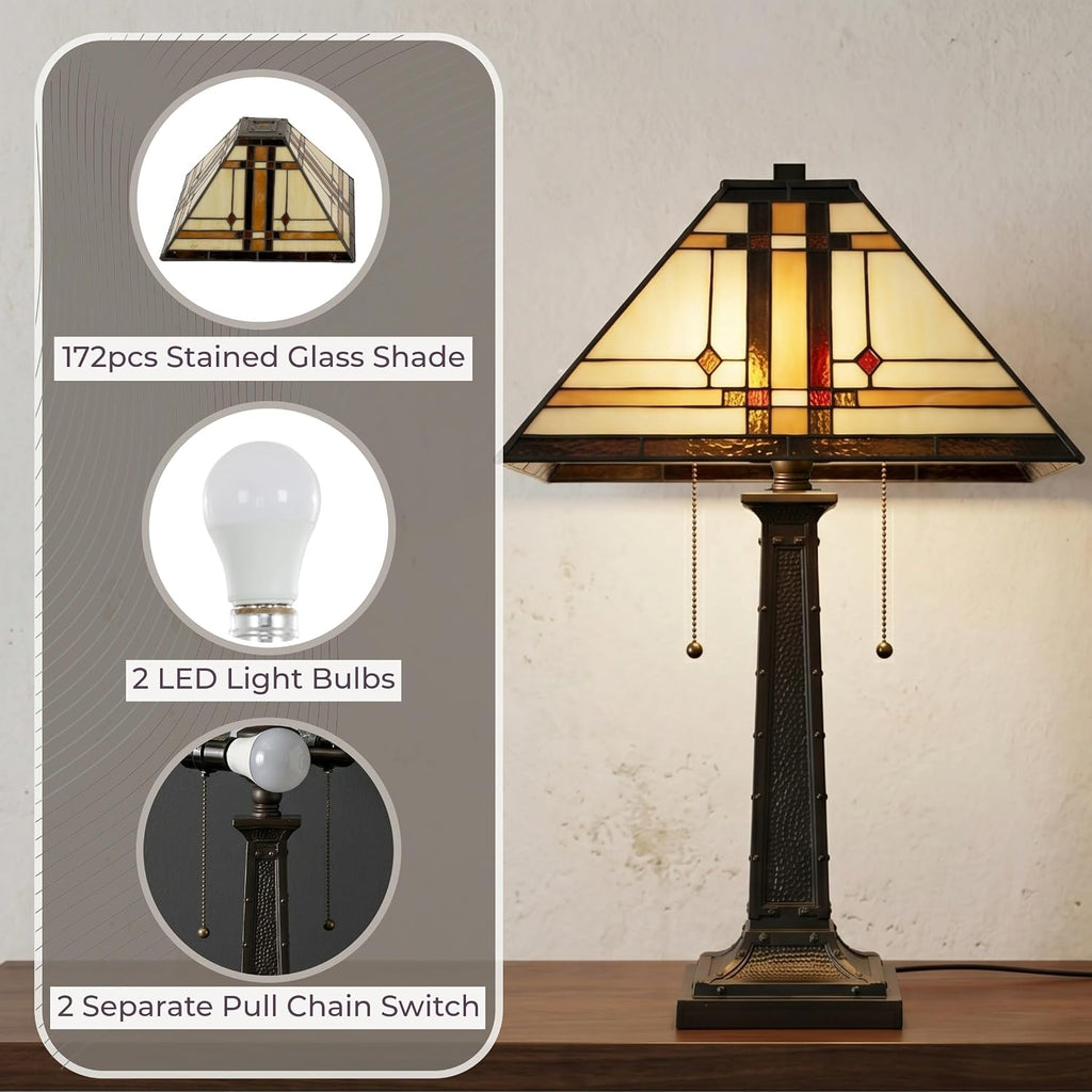 Lavish Home Tiffany-Style Table Lamp – Mission-Design Art Glass Lighting with 2 LED Bulbs Included – Vintage-Look Handcrafted Room Décor