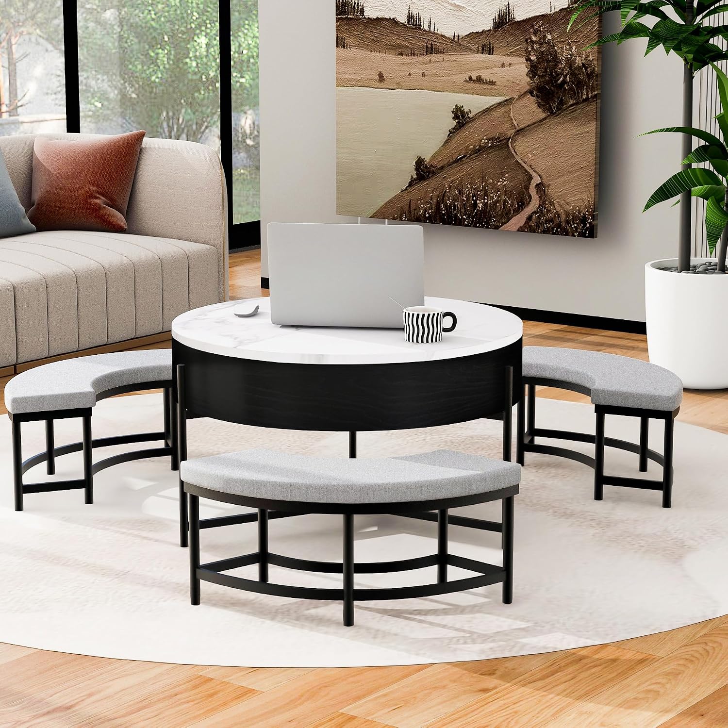 Modern Round Lift-Top Coffee Table with Storage & 3 Ottoman for Living Room White & Black