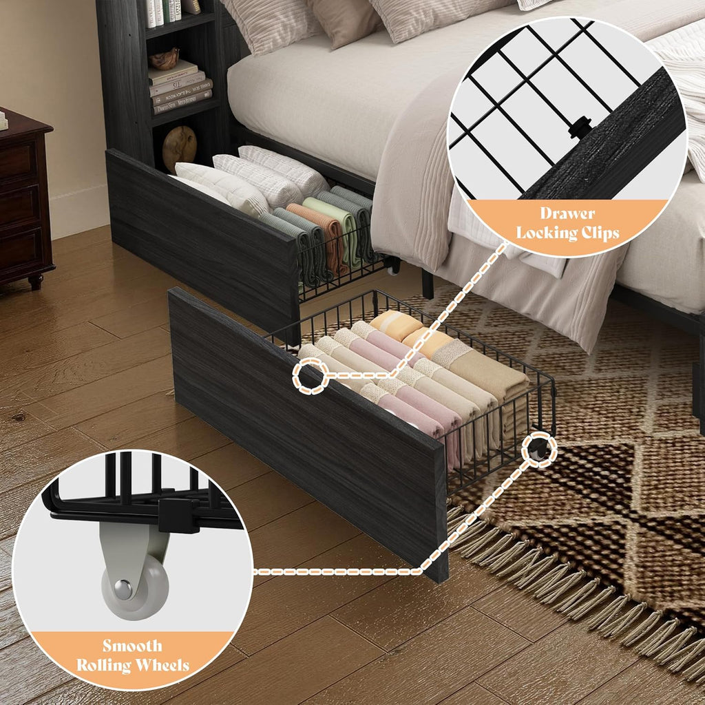 AMERLIFE 45'' Farmhouse Queen Bed Frame with 4 Drawers, LED Bed Frame with Bookcase Headboard & Side Shelves, Wood Platform Bed with Charging Station, Black